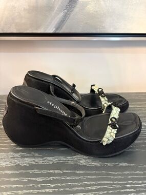 Stephane Kelian Black Wedge Sandals with Pale Green Beaded Strap